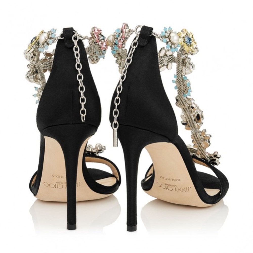 New JIMMY CHOO Reign 100 Satin Sandals With Camellia Mix Anklet $4,495 36 - Picture 5 of 16